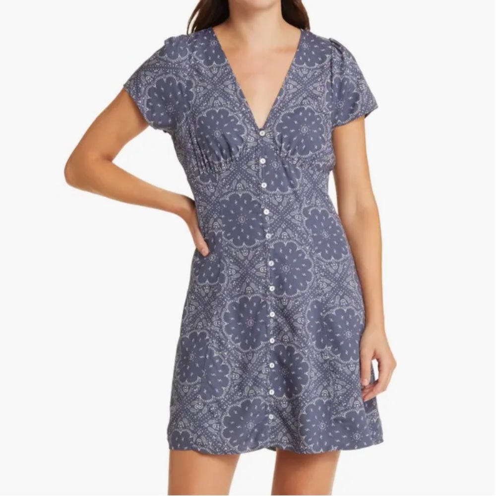 Madewell Blue Shirred Button Front Minidress